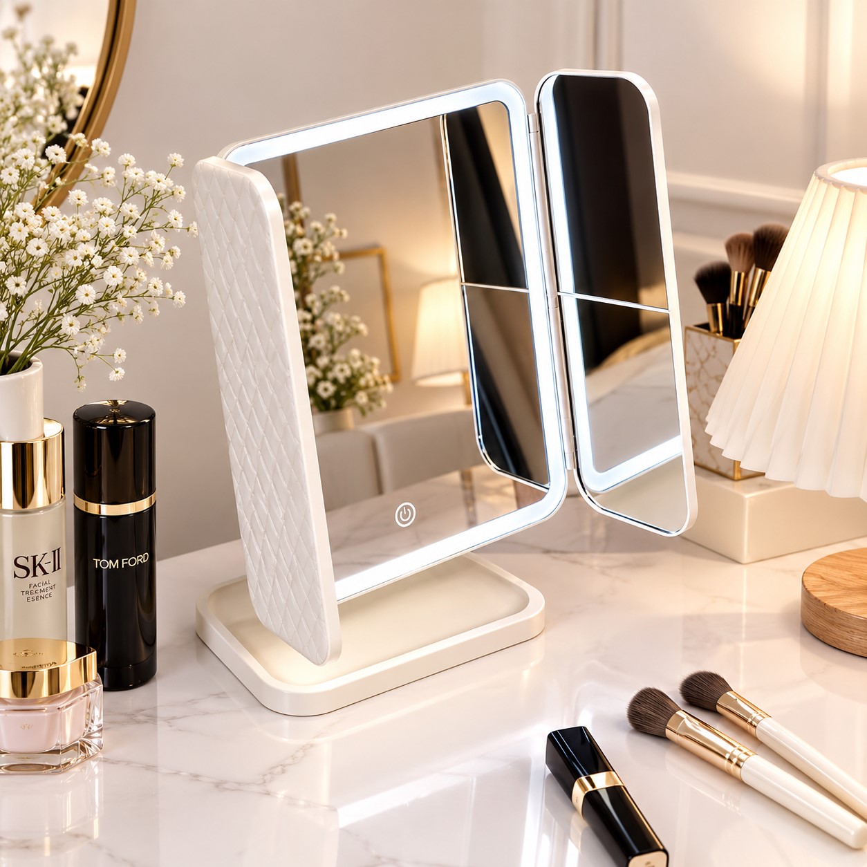 مرآة مكياج ثلاثية الطي بإضاءة LED