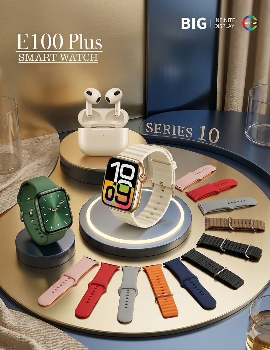 طقم ساعة ذكية E100 Plus مع سماعات
